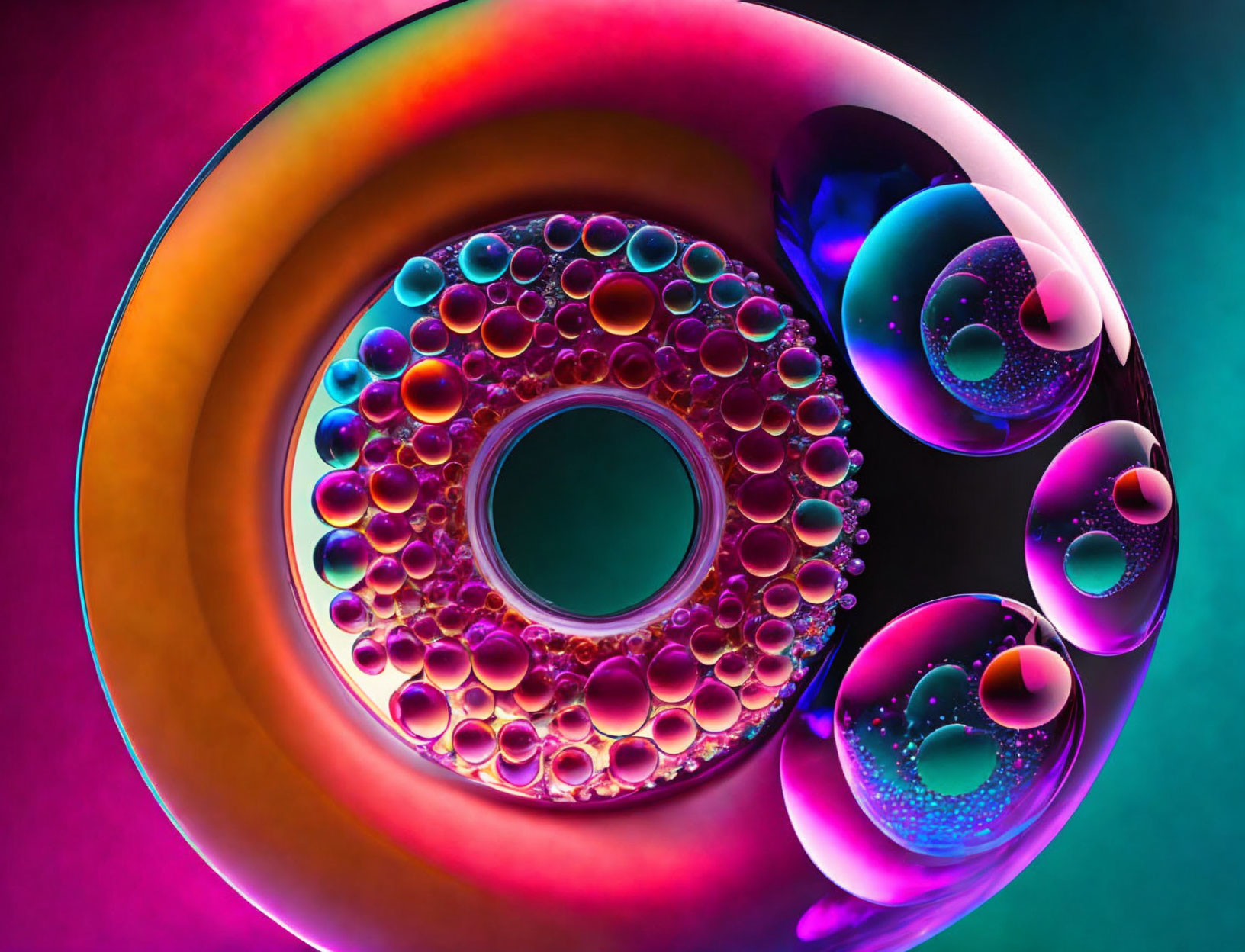 Colorful Digital Artwork: Glossy Circular Structure with Rings on Neon Background