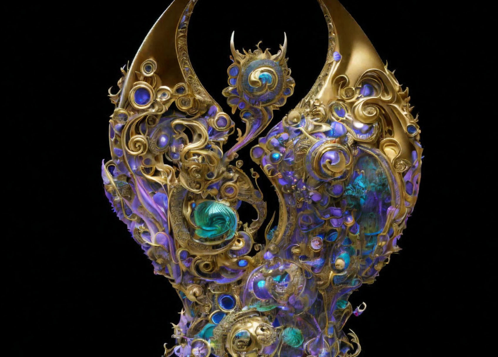 Intricate Golden Sculpture with Swirling Designs and Gem Accents