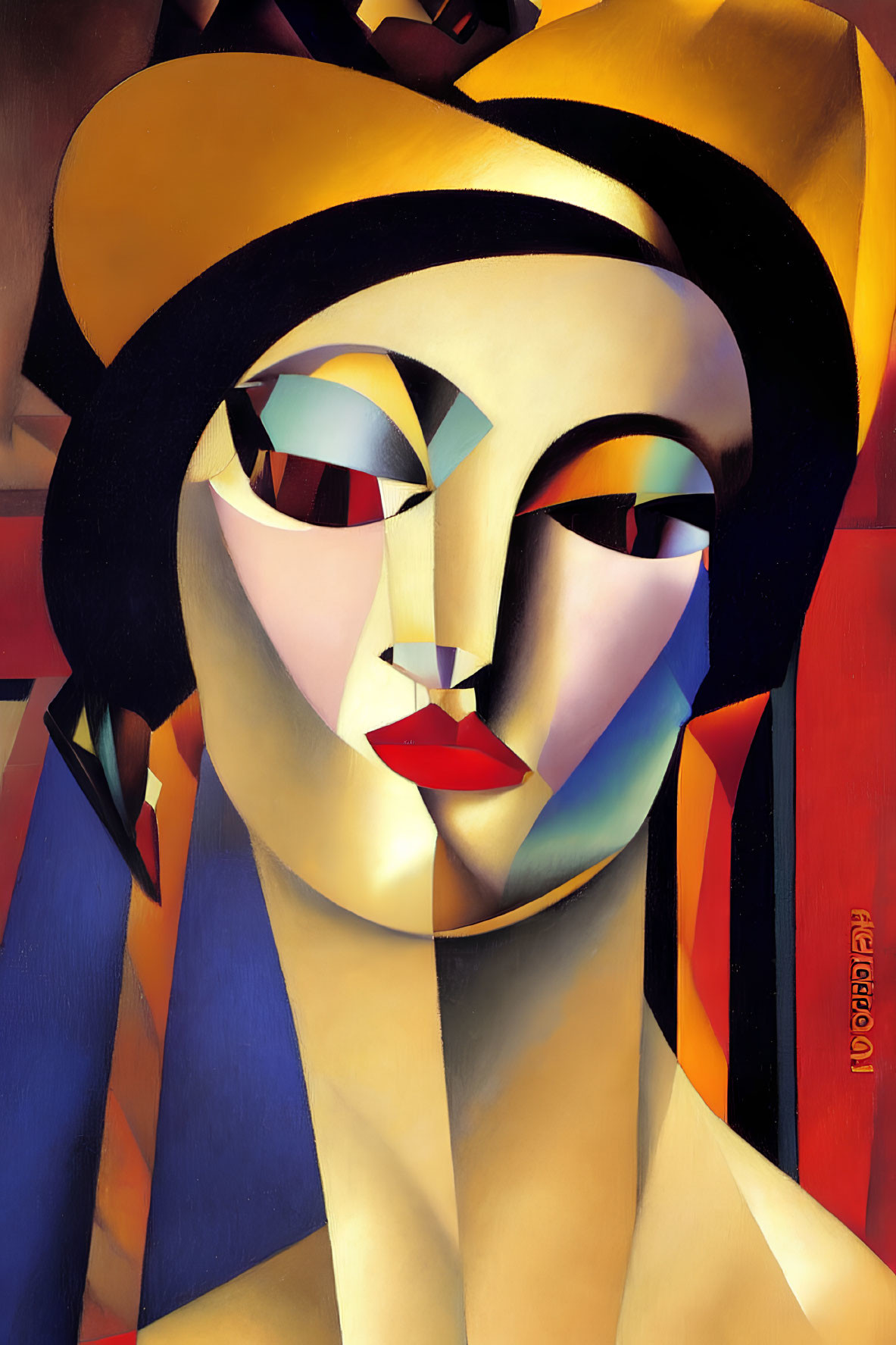 Colorful Cubist Portrait of Woman with Geometric Shapes