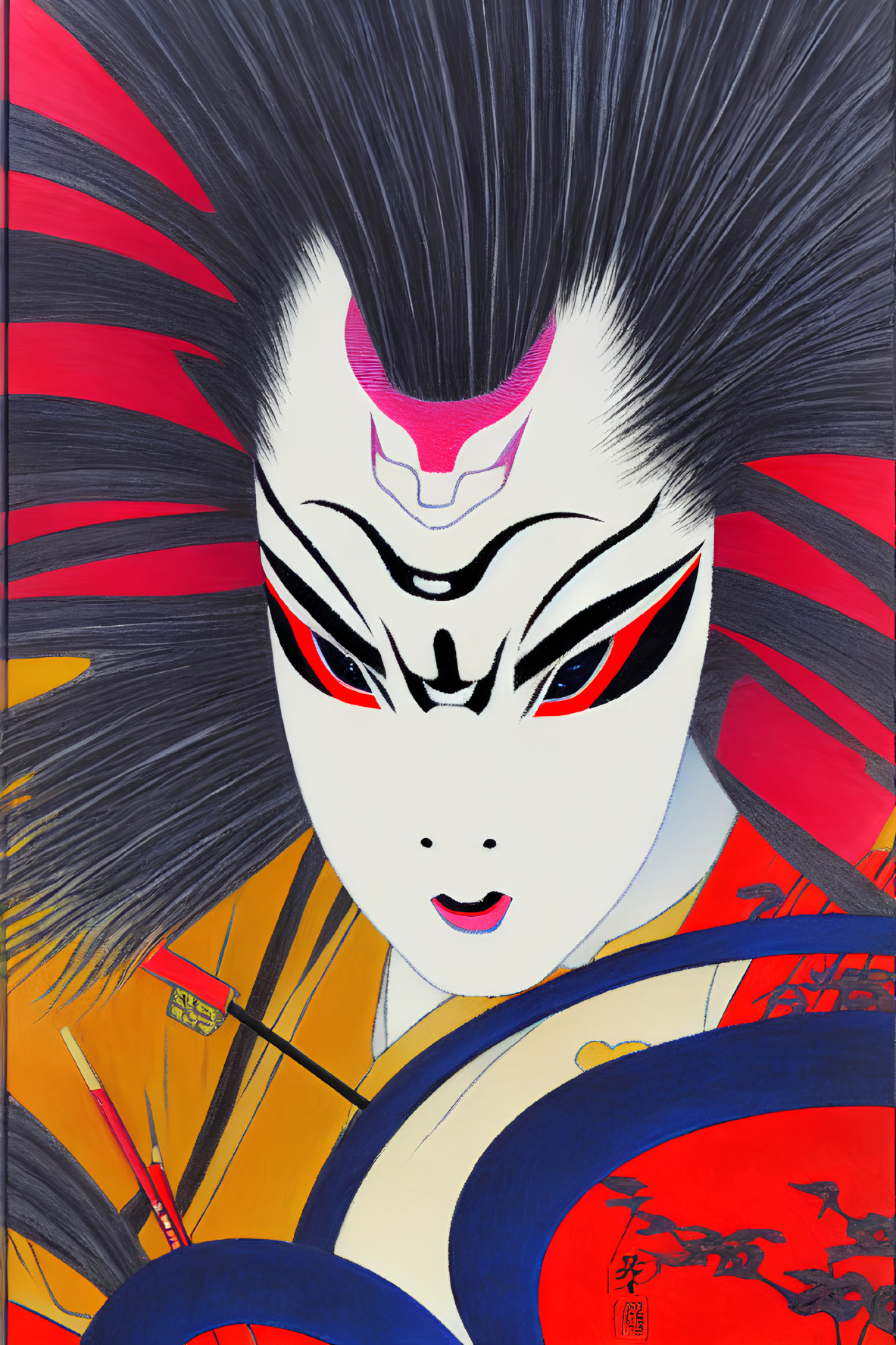 Vibrant Kabuki actor with intricate makeup and dragon fan