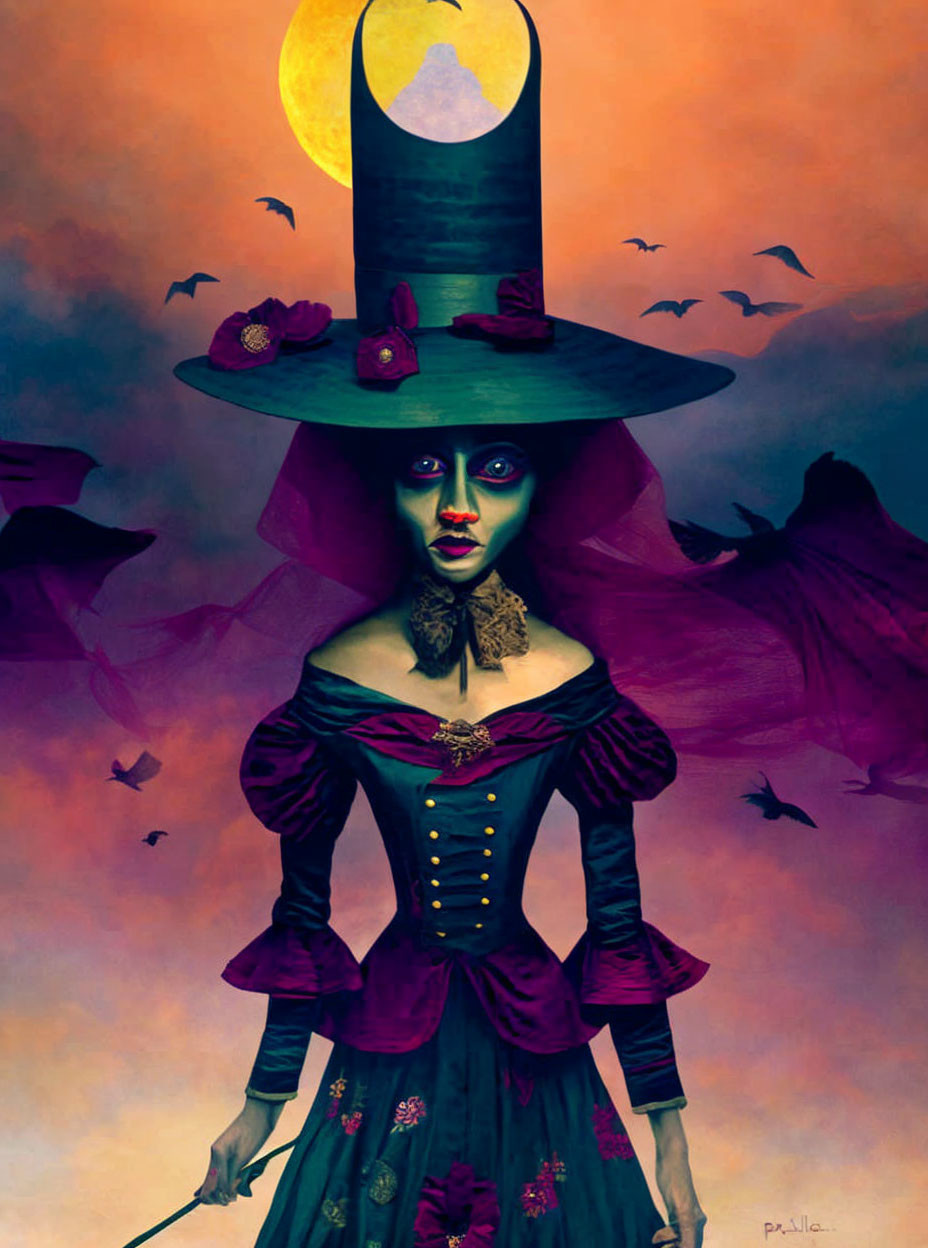 Green-skinned woman in purple dress and top hat under crescent moon with bats in twilight sky