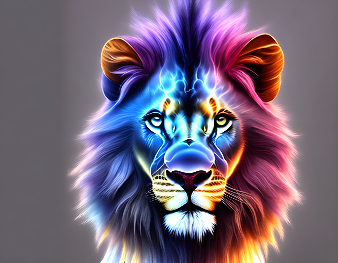 Colorful Lion Portrait with Neon Mane on Gray Background