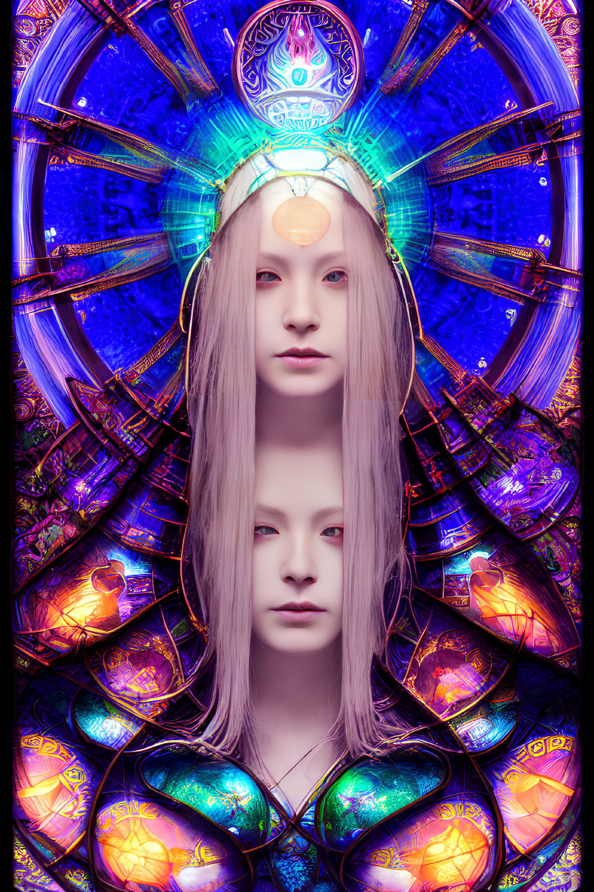 Surreal portrait with overlapping faces and vibrant geometric patterns