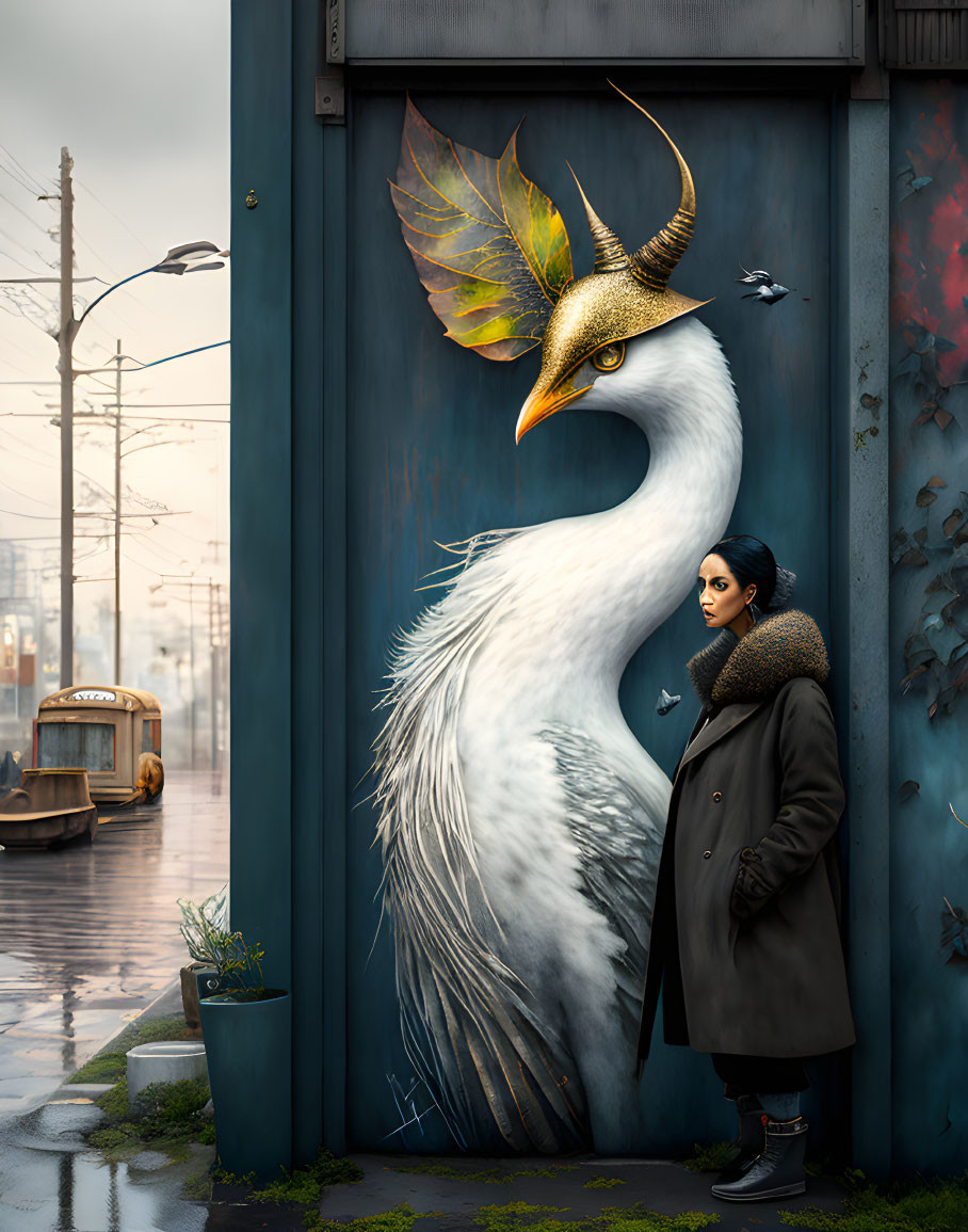 Woman in coat by vibrant mythical bird mural in urban setting