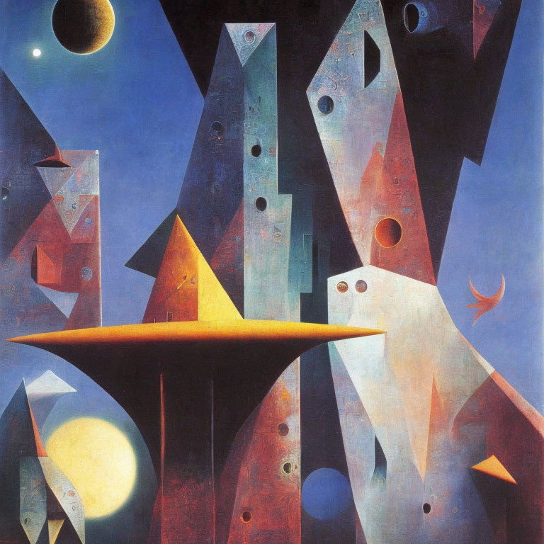 Abstract Surrealist Painting with Geometric Shapes and Celestial Bodies