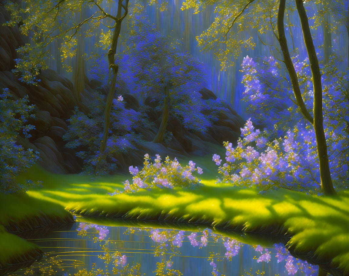 Mystical forest with glowing blue flowers, sun rays, and serene pond