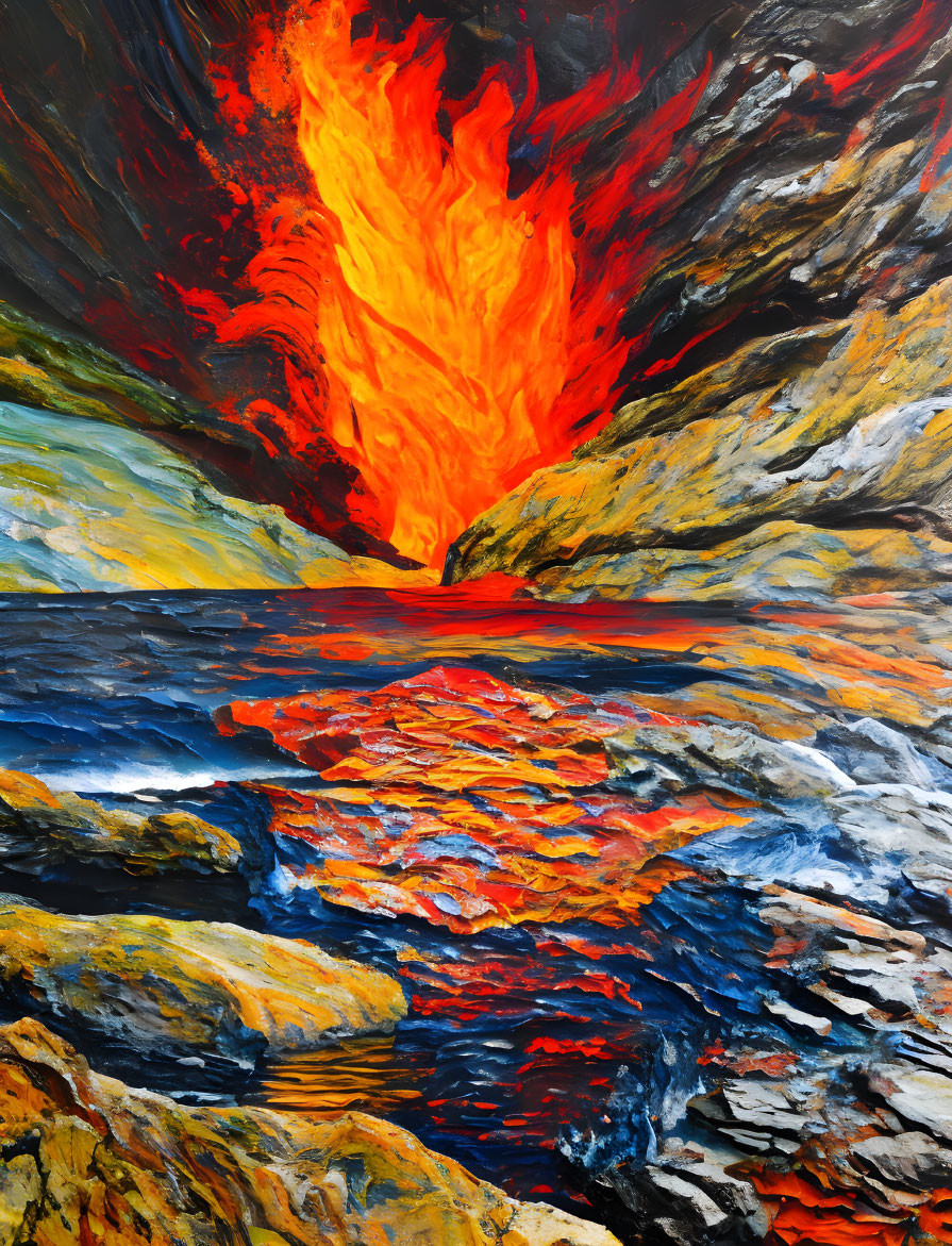 Fiery volcanic eruption painting with lava flow into water