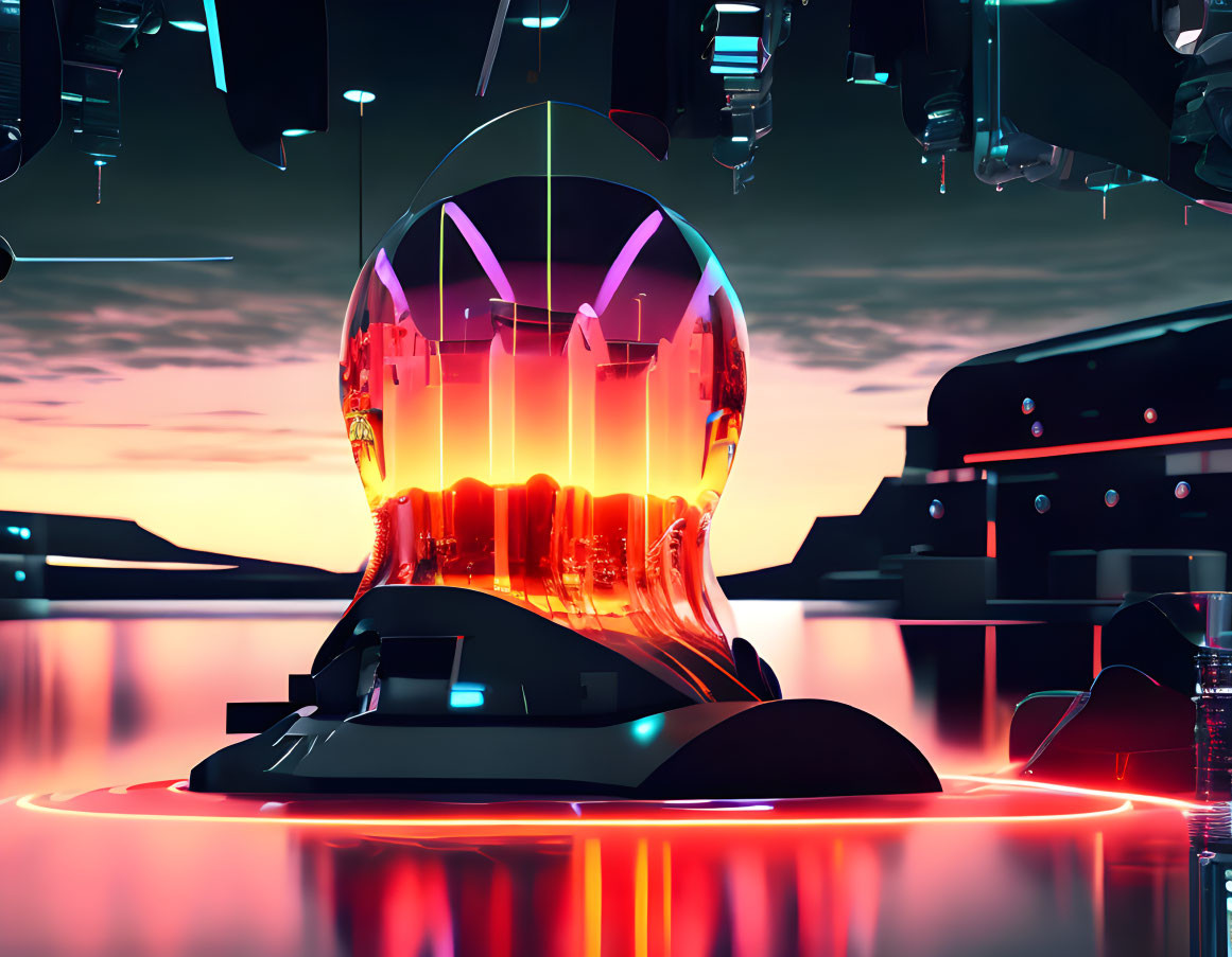 Futuristic neon cityscape reflected in transparent head silhouette