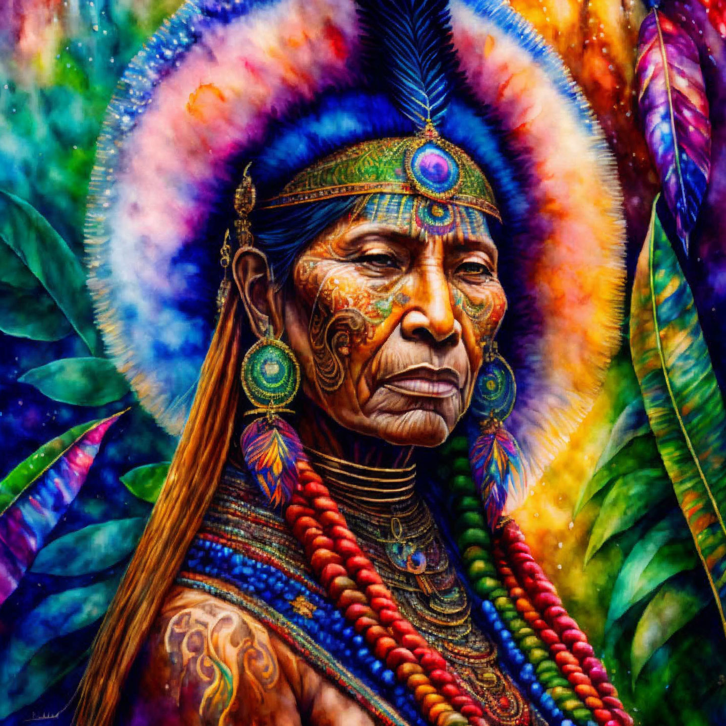 Colorful Native American portrait in traditional attire on psychedelic backdrop