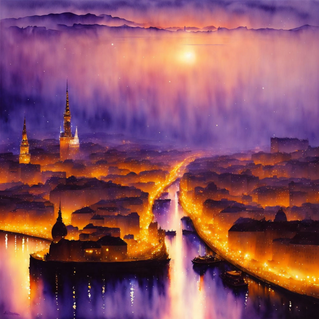 Cityscape at Night: Golden Lights, Prominent Spires