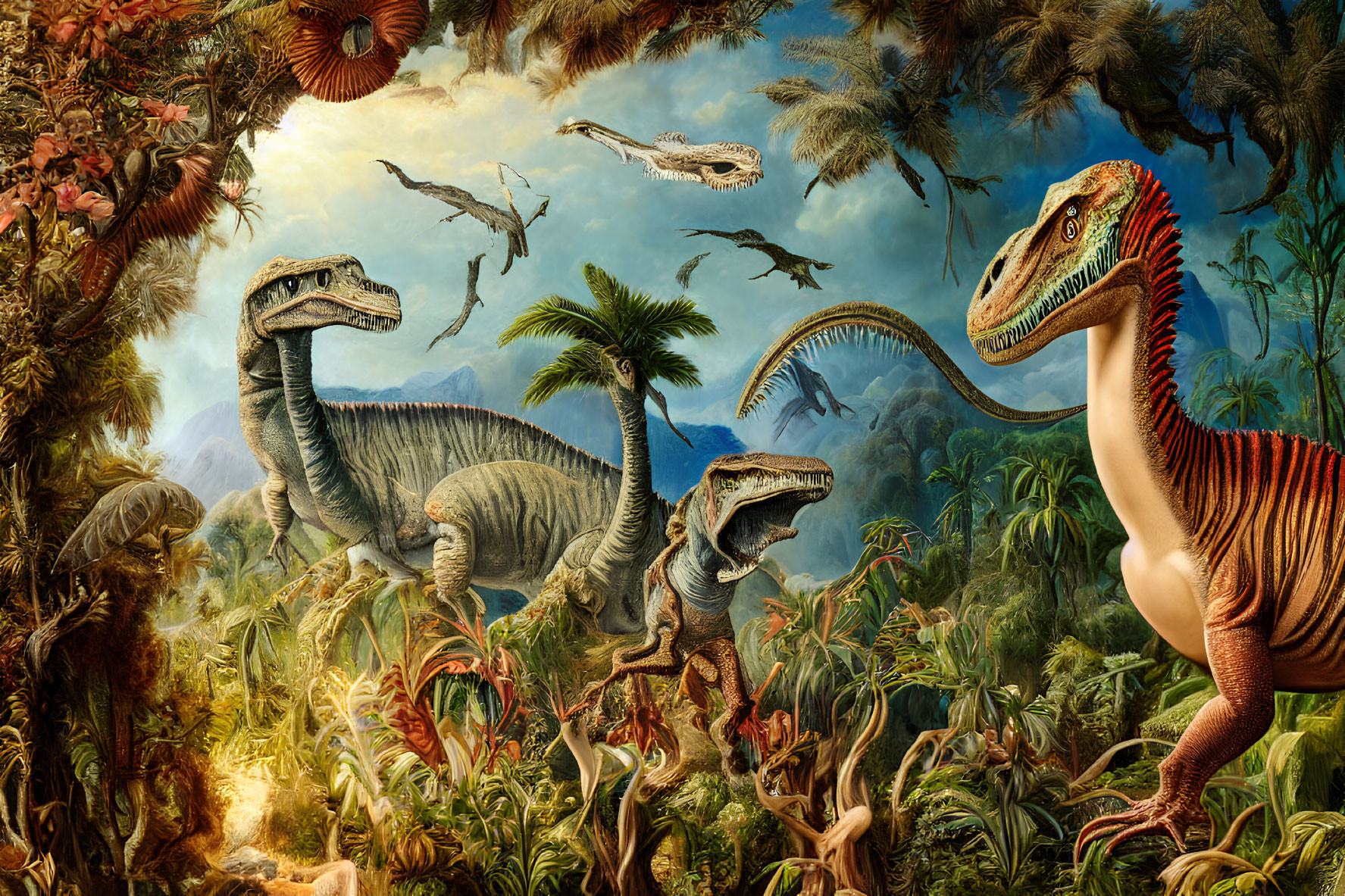 Prehistoric dinosaur scene with lush vegetation and flying reptiles