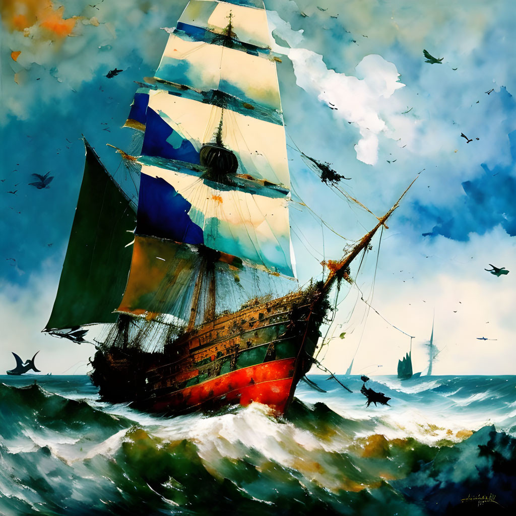 Colorful Painting: Sailing Ship in Turbulent Seas with Dynamic Strokes