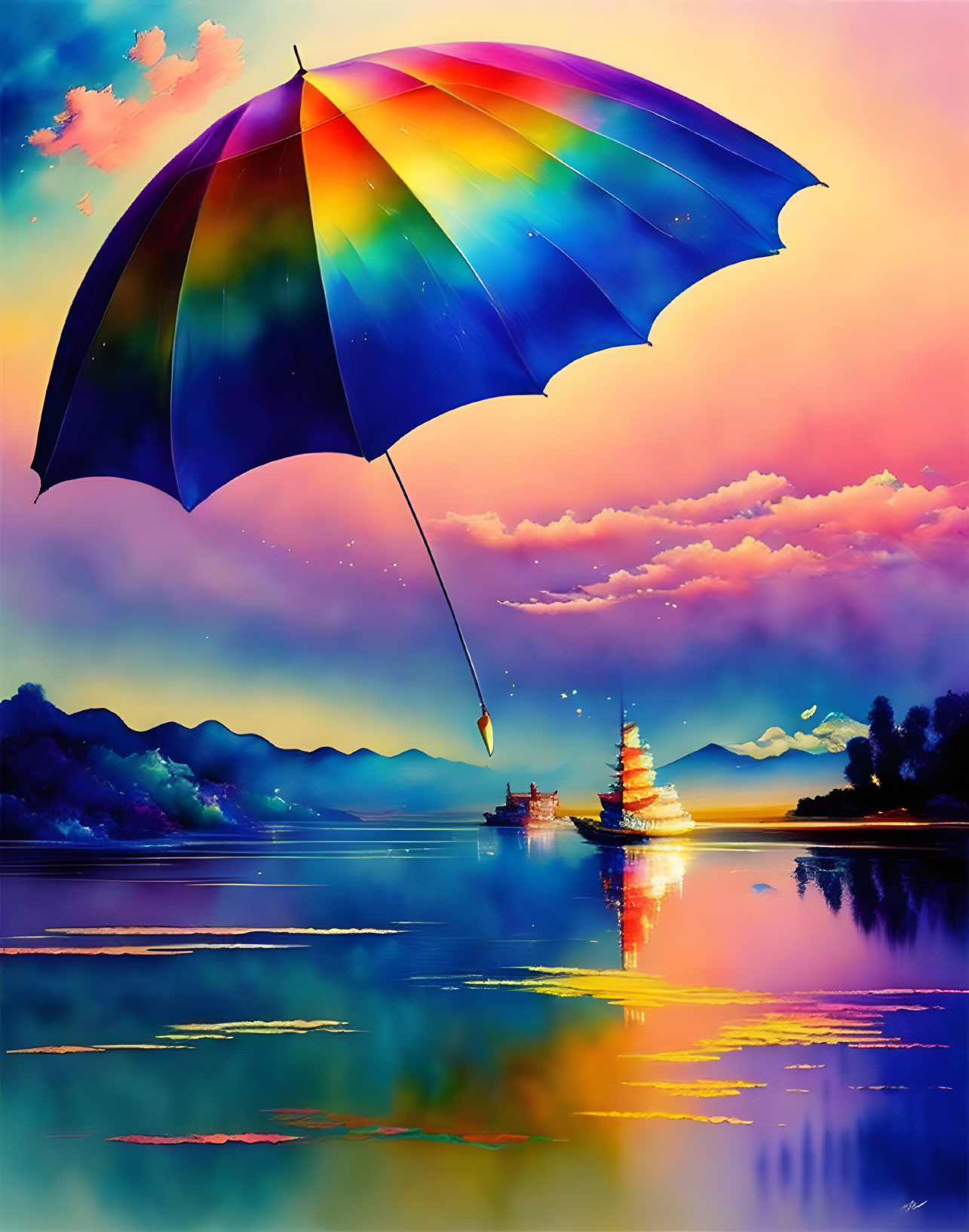 Colorful Floating Umbrella Artwork Over Sunset Seascape with Ships