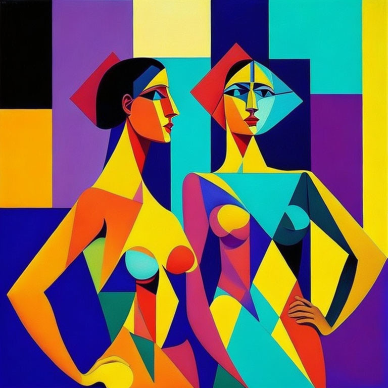 Geometric female figures in vibrant colors on abstract background