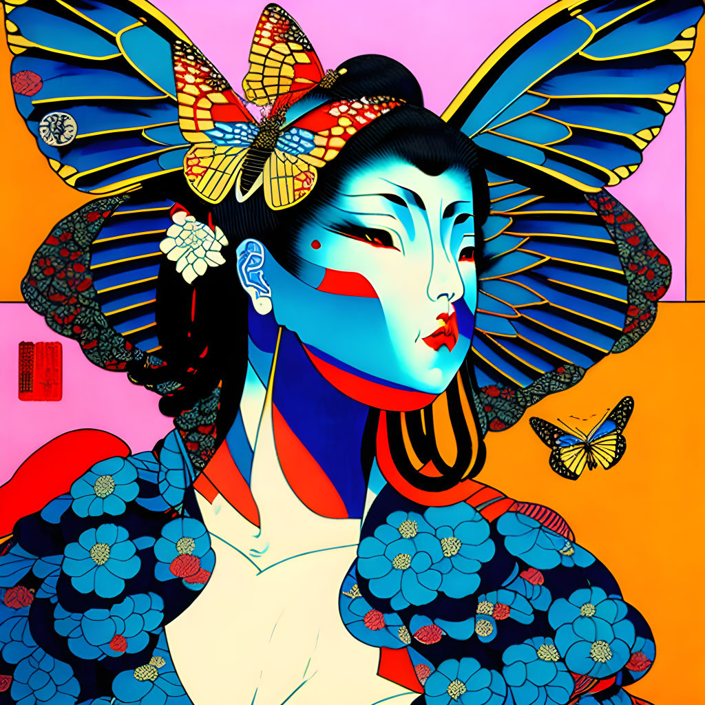 Colorful illustration of stylized woman with geisha-inspired makeup and butterfly headpiece on vibrant background