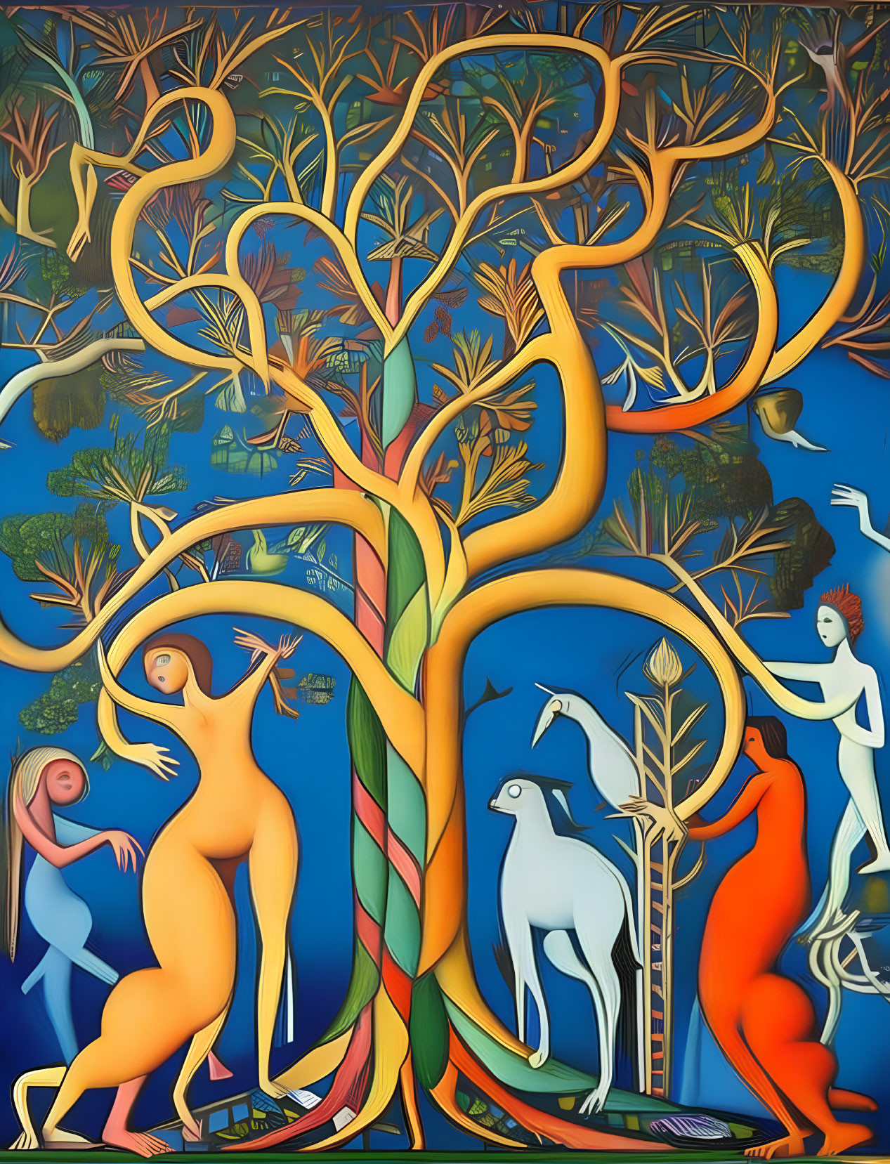 Colorful Abstract Tree of Life with Human and Animal Figures on Blue Background