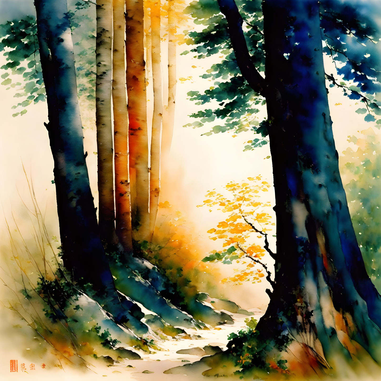 Sunlit forest watercolor painting with tall trees and lush undergrowth