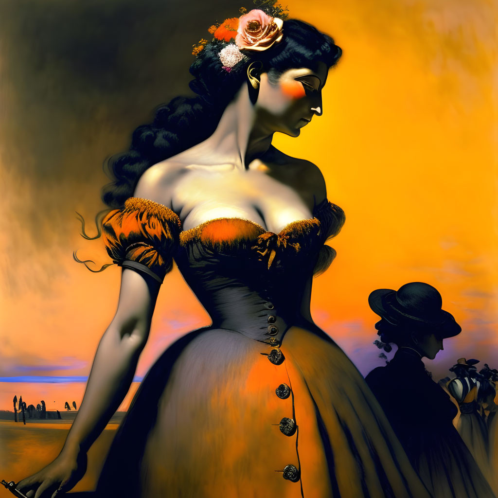 Woman in cinched waist orange dress against surreal yellow backdrop