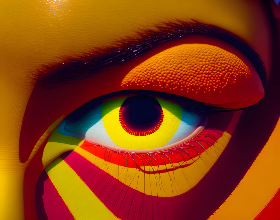 Vibrantly colored digital rendering of a rainbow iris eye