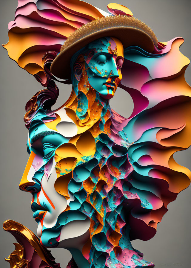 Colorful digital artwork: Stylized human profile with dynamic shapes