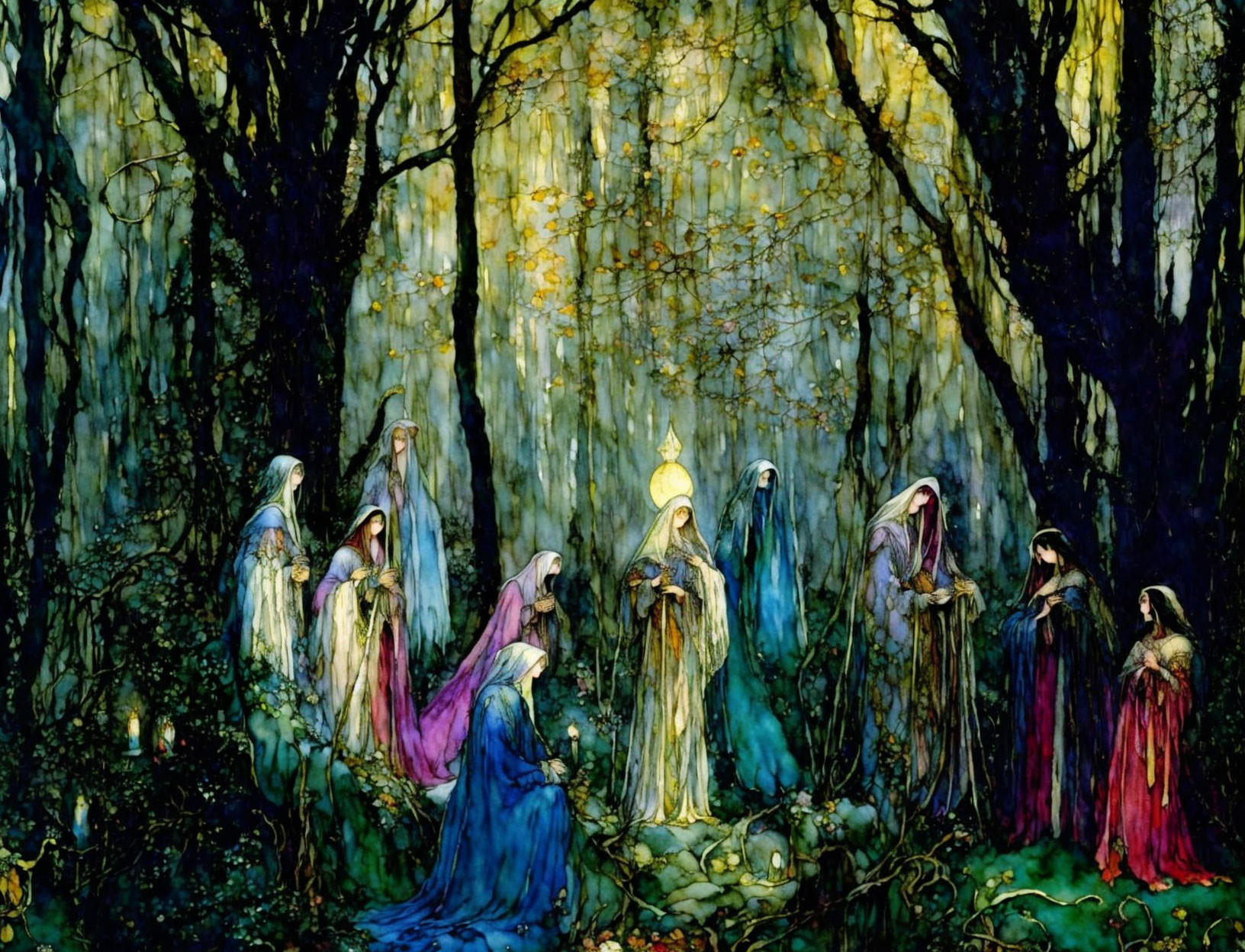 Mystical forest painting with robed figures and glowing light