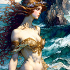 Mythological woman in wreath immersed in vivid blue ocean waves