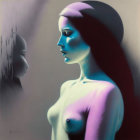 Surreal painting of woman with bluish-purple skin and shadowy profile.