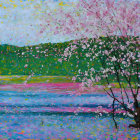 Impressionistic painting of cherry blossoms by blue river