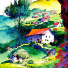 Colorful Watercolor Painting of Whimsical Village nestled in Green Hills