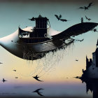 Surreal painting of ship with eye, bird, human figures, and floating islands