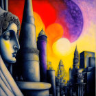 Colorful surreal illustration of woman's face with fantastical cityscape and multiple suns or moons in