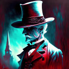 Vibrant digital portrait with top hat, coat, neon lights