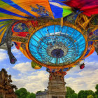 Colorful inverted hot air balloon canopy over Paris skyline with Eiffel Tower, butterflies, and dramatic