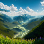 Scenic landscape painting of mountain valley with rivers and snow-capped peaks