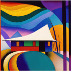 Colorful Abstract Painting of Stylized House and Landscape