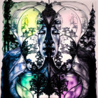 Symmetrical abstract art: human-like faces, tree silhouettes, vibrant patterns