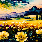 Vibrant flower fields, rolling hills, and layered mountains in colorful landscape painting