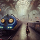 Fantastical owl-faced train at ornate station with retro-dressed woman and suitcase in hazy