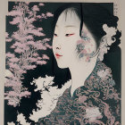 Stylized portrait of woman with pale skin, black hair, red accents, and floral patterns on