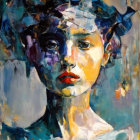 Vibrant Abstract Portrait Painting in Blue and Yellow Tones