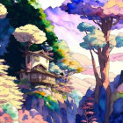 Colorful Trees and Quaint House on Cliff in Whimsical Illustration