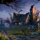 Tranquil fantasy village at dusk with cobblestone paths, quaint houses, blooming flowers,