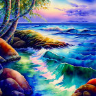 Tranquil seaside painting with colorful rocks and palm tree