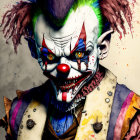 Menacing clown with multicolored hair and blood-splattered costume