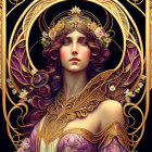 Regal figure with golden-purple hues and ornate crown and feathers.