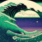 Stylized image of green wave under starry night sky