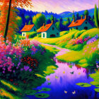 Colorful landscape painting with stream, butterflies, flowers, hills, houses, and trees.