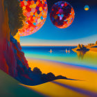 Colorful surreal landscape with geometric spheres and sunset sky