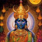 Detailed Blue Deity with Multiple Arms in Cosmic Setting