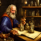 Alchemist in robe and beaked mask in candle-lit workshop